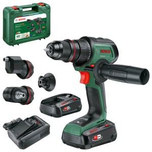 Set avvitatore a batteria Bosch AdvancedDrill 18V-80 con accessori, batterie e caricabatterie.