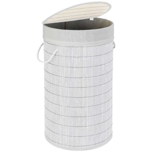 Cesto portabiancheria Wenko Bamboo White, 55 l, contenitore rotondo con coperchio pieghevole e maniglie.