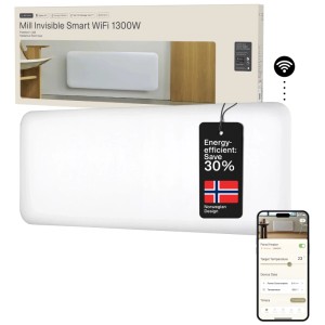 Stufa bianca Mill Invisible Smart Wifi 1300W con controllo app e design a risparmio energetico.
