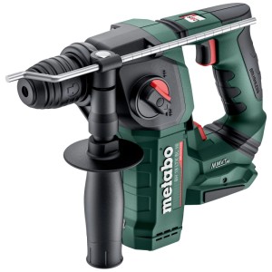 Perforateur sans fil Metabo BH 18 LTX BL 16 vert-noir, avec poignée auxiliaire et butée de profondeur.