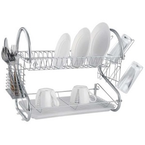 Scolapiatti MSV a 2 livelli, acciaio inox, bianco, con portaposate e portabicchieri.