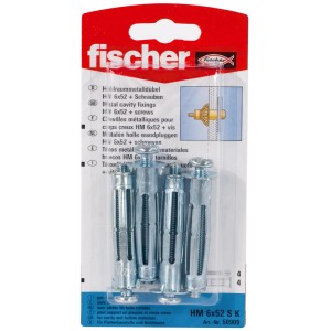 Fischer tasselli a espansione HM 6x52 SK, set da 4 con viti, per cartongesso e soffitti cavi.