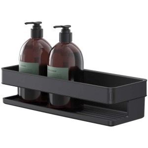 Panier de douche noir Tiger Carv en acier inoxydable avec flacons de shampooing et d'après-shampooing.