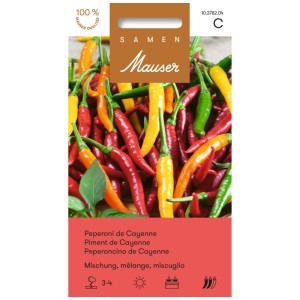 Sachet de graines de Piment de Cayenne Mix avec des gousses rouges, jaunes et vertes.