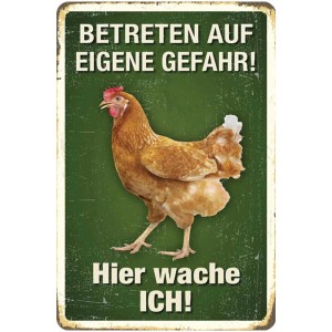 Targa in metallo con gallina e scritta "Qui sorveglio io!" per montaggio a parete, 30x20 cm.