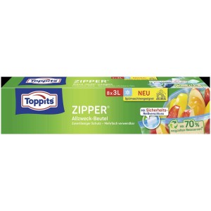 Toppits Zipper 3L, confezione da 8: Sacchetti multiuso con zip per alimenti.