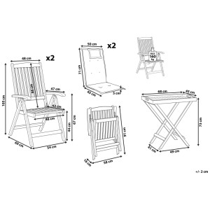 Schizzo: Set bistro Beliani Java, legno acacia, marrone/grigio, con dimensioni di sedie, cuscini e tavolo.