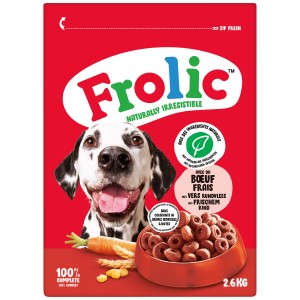Frolic Complete manzo, alimento secco per cani, sacco da 2,6 kg con dalmata e anelli di cibo nella ciotola.
