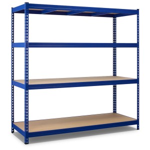 Scaffale per carichi pesanti Robus 400 blu con 4 ripiani in MDF. Ideale per officina, garage e magazzino.