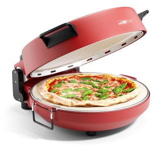 Clatronic Pizzamaker PM3787: Grill elettrico rosso con pizza su pietra.