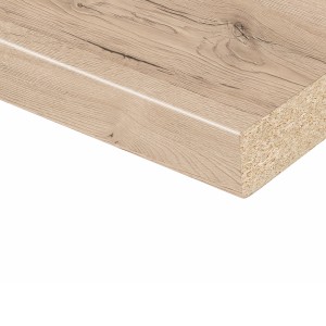 Piano di lavoro CPL in rovere Sanremo Sand, spessore 28 mm, dettaglio della superficie e del bordo.