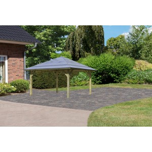 Karibu Pavilloncarport Vigo 1 aus Holz mit grauer Dachkonstruktion im Garten.