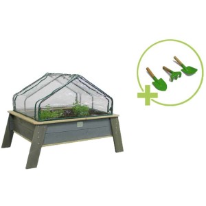 Exit Carré potager surélevé Aksent XL avec serre et outils de jardinage pour enfants. Carré potager en bois avec tunnel en feuille et outils.