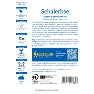 Sachet de graines de pois écossés Kiepenkerl Kleine Rheinländerin, semis direct, récolte juin-juillet.