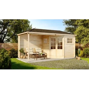 Abri de jardin Alpholz Franz-28 imprégné avec toit en croupe, 480x224 cm, avec terrasse et mobilier de jardin.