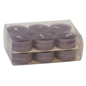 Bougies chauffe-plat couleur mûre en coupelles plastiques, lot de 9. Bougies piliers pour une lumière d'ambiance.