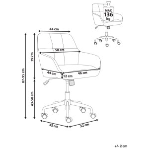 Dessin technique du fauteuil de bureau Beliani Palmdale. Indique dimensions, hauteur d'assise 43-50 cm et charge max 136 kg.