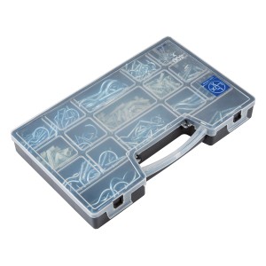 Assortiment de crochets et chevilles LUX, 400 pièces dans une mallette transparente avec crochets et chevilles de différentes tailles.