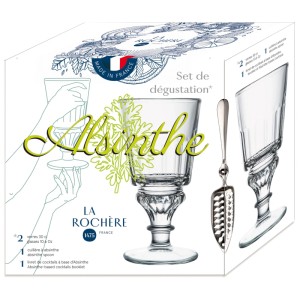 Set di bicchieri da assenzio La Rochere, 3 pezzi: 2 bicchieri, 1 cucchiaio. Design trasparente per un'esperienza elegante.