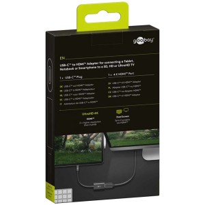 Verpackung des schwarzen USB-C auf HDMI Adapter für Audio & Video.