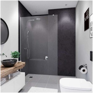 Bagno moderno con pannello posteriore doccia Breuer effetto pietra antracite, 150x255 cm.