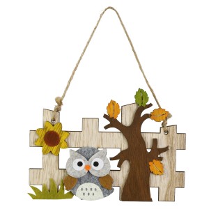 Decorazione autunnale: appendino in legno con gufo e albero in feltro, 14x10,5 cm.