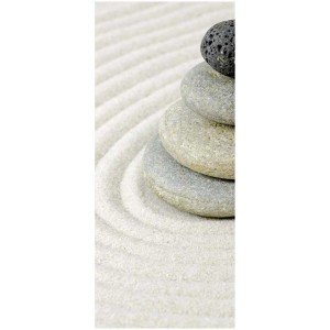 Pannello doccia Breuer con motivo Zen-Sand: Pietre impilate sulla sabbia per un'atmosfera rilassante in bagno.