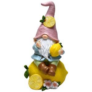 Bunter Deko-Wichtel mit Zitrone, 25 cm, aus Polyresin für die Gartendekoration.
