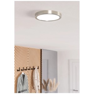 Runde Eglo LED-Deckenleuchte Fueva 6 in Nickel, Lichtfarbe einstellbar, Durchmesser 21 cm.