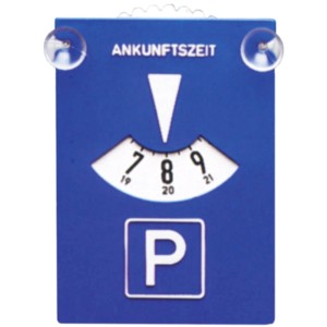 Blaue Parkscheibe mit Zeiger und Saugnäpfen zur Anbringung im Auto.