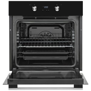 Schwarzer Sharp Einbau-Backofen mit Steamer, 72 l Garraum und offener Tür.