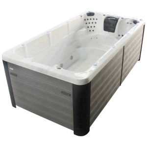 Spa extérieur Sonnenkönig Indik : Spa rectangulaire gris avec intérieur blanc et jets de massage.
