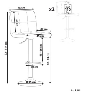 Schéma du tabouret de bar Beliani Marion, tissu beige, lot de 2 pièces avec dimensions.