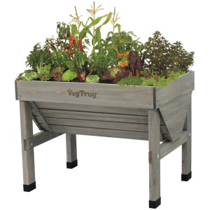 Letto rialzato VegTrug grigio, piantato con verdure, erbe aromatiche e mais.