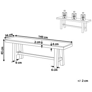 Dessin technique du banc de jardin Beliani Scania avec dimensions 140x36x45 cm et capacité de charge.