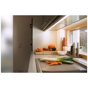 Osram LED Linéaire Flat Eco Aluminium, 37cm, sous meuble de cuisine avec légumes.