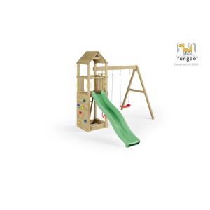 Tour de jeu Flappi marron avec balançoire, toboggan et mur d'escalade pour enfants.