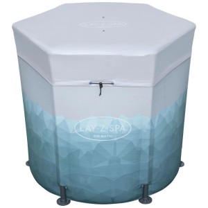 Vasca compatta Bestway Lay-Z-Spa Glacial Dip grigio chiaro/blu con motivo ghiaccio, copertura bianca, su piedini.