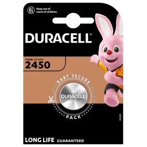 Pile bouton lithium Duracell CR2450 en emballage sécurisé pour enfants.