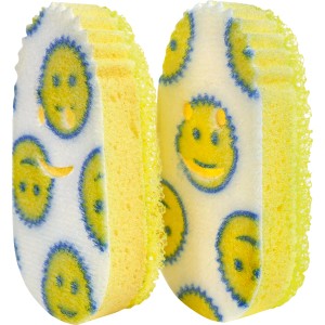 Confezione da 2 spugne di ricambio Dish Daddy con motivo smiley per spazzole per piatti.