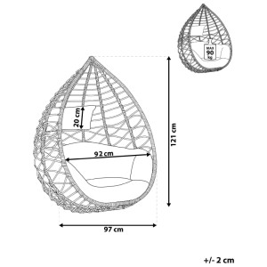 Schizzo della sedia sospesa Beliani Arsita, in polyrattan marrone, dimensioni: 121x97x92 cm, portata massima 90 kg.