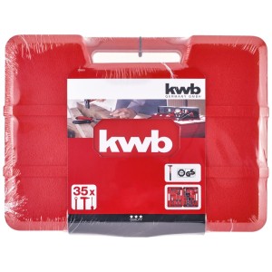 Mallette à outils rouge KWB en plastique, 35 pièces, avec assortiment d'outils pour les réparations.