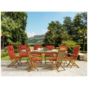 Ensemble de jardin Maui en bois d'acacia: table extensible, 8 chaises pliantes avec coussins terracotta.
