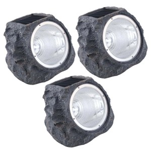 Lot de 3 lampes solaires LED Eglo aspect pierre, plastique gris pour jardin et décoration.