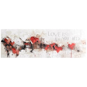 Quadro su tela dipinto a mano Love is, 40x120 cm, con cuori rossi e bianchi su sfondo astratto.