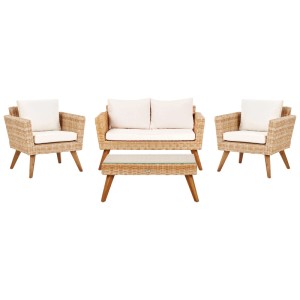 Beliani Ensemble de salon de jardin Vittoria, 3 pièces, en rotin naturel avec table et coussins crème.