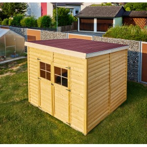 Abri de jardin en bois avec plaque ondulée rouge Gutta Guttanit+ comme couverture bitumée.