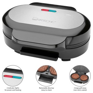 Clatronic HBM 3696 grill per hamburger, grill elettrico nero/acciaio inox con due aree di cottura.