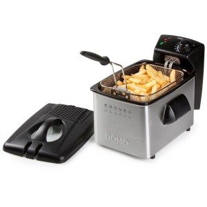 Friggitrice Domo DO464FR in acciaio inox, argento-nero, con cestello e coperchio rimovibile.