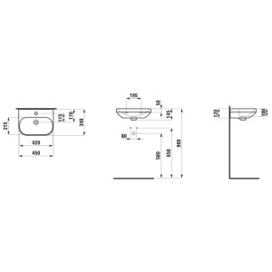 Disegno tecnico del lavabo Laufen Lua, ovale, bianco, sospeso, con tutte le dimensioni per bagno ospiti.